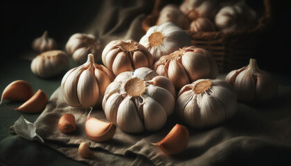 A cluster of garlic bulbs and reveal the detailed layers of papery skin and showcase the rich - obrazy, fototapety, plakaty