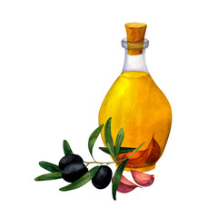 A bottle of fragrant olive oil with garlic and olive branch, isolated on white background, decoration for kitchen, restaurant menus, recipes