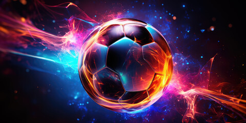 A soccer ball encapsulated in a vibrant energy shield, floating amidst cosmic dust.	
