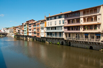 Old coloured houses on the River Agout, Castres Languedoc Roussillon France