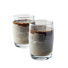 Two glasses of chia pudding topped with red and white garnish on transparent background