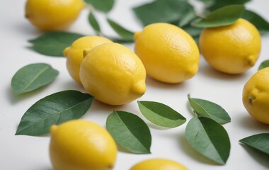 Fresh lemons with vibrant green leaves, a citrus fruit on a white surface