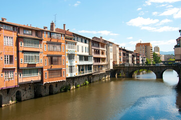Old coloured houses on the River Agout, Castres Languedoc Roussillon France
