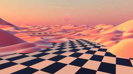 Landscape of desert landscape isolated on checkered background. Beautiful sunset or sunrise over realistic sand dunes. Summer decoration template.