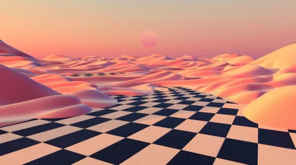Poster Landscape of desert landscape isolated on checkered background. Beautiful sunset or sunrise over realistic sand dunes. Summer decoration template. © Bundi