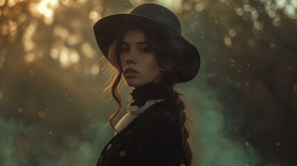 Portrait of a stunning girl in a vintage hat and outfit - obrazy, fototapety, plakaty