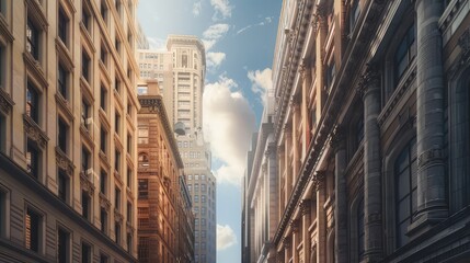 An architectural collage of diverse styles and eras, with neoclassical facades and modernist skyscrapers standing side by side