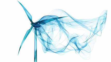 Wind turbine with dynamic blue smoke trails against white background.