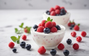 Two bowls of yogurt topped with raspberries and blueberries on a table