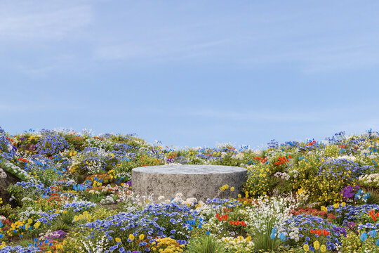Abstact 3d render spring scene and Natural background, Stone podium on the colorful flowers and grass field, backdrop blue sky and cloud for product display, advertising, mockup or etc