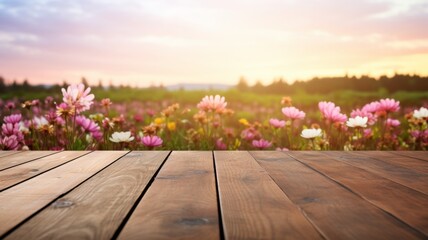 Naklejka na ściany i meble Wooden table in flower field