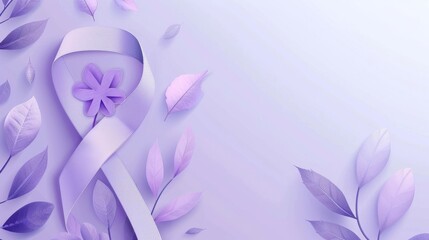 World Cancer Day concept. Purple ribbon with world cancer day symbol isolated on lavender background. Modern illustration.