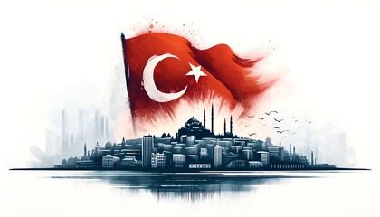Watercolor illustration of a skyline of istanbul with a large stylized waving turkish flag.