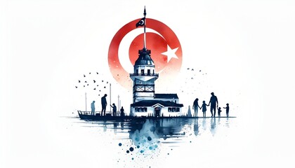 Illustration in watercolor style celebrating national sovereignty and children's day in turkey. - obrazy, fototapety, plakaty