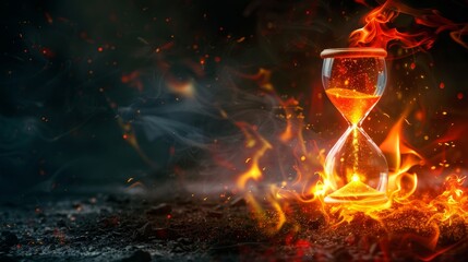 A glowing hourglass with a flurry of sparks and fire around it, emphasizing the concept of the passage of time. - obrazy, fototapety, plakaty
