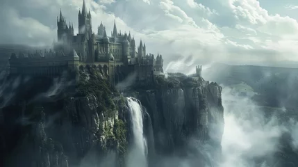 Fotobehang An enchanted castle perched atop a rugged cliff, surrounded by swirling mists and thundering waterfalls,  © sania