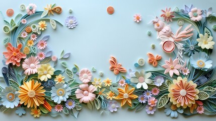 Quilled Birth Announcement Card with Newborn's Name, Birthdate, and Weight Surrounded by Delicate Flowers and Baby Motifs in Soft Pastel Colors.
