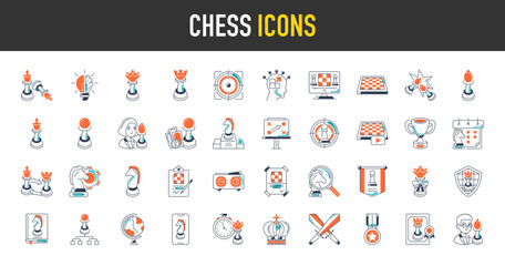 Chess icon set. Such as queen, strategy, checkmate, board, clock, player, king, rock, pawn, castling, clipboard, gift, knight, schedule, shield, tournament, tutorials, award, flag vector icons.