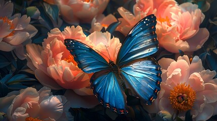 Blue Butterflys Vibrant Dance Around Lush Peony Blossoms in a Garden Oasis - obrazy, fototapety, plakaty
