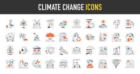 Climate change icon set. Such as global warming, greenhouse, melting ice, oil, explosion, tsunami, fuels, world, recycle, bag, planting, flood, pollution, water pollution, disaster vector icons.