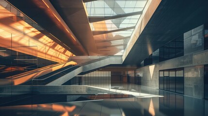 An architectural symphony of light and shadow, with sunlight streaming through geometric skylights...