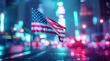 USA flag stands on blurred urban background. Vote day, November 5, 2024 presidential election. Modern illustration for US Election 2024 campaign. - obrazy, fototapety, plakaty