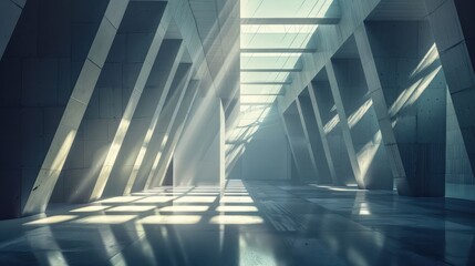 An architectural symphony of light and shadow, with sunlight streaming through geometric skylights and glass atriums,