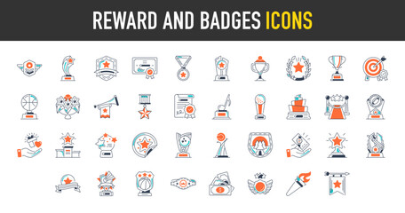 Reward and badge icon set. Such as award, number 1, one, trophy cup, winner, medal, coupon, gift, archery, music, champion belt, bowling, ribbon, diploma, sport, badminton, star vector icons