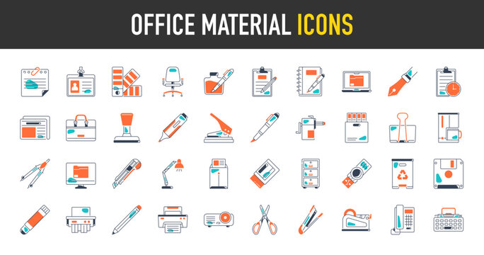 Office material icon set. Such as glue, notebook, note, material, pen, briefcase, archives, newspaper, printer, garbage, clip, scissors, education, stapler, ruler, eraser, office tools, vector icon.