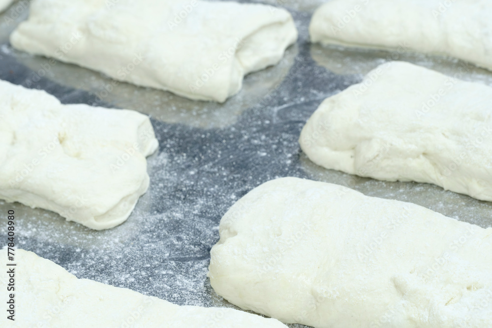 Poster conveyor belt with pieces of cheese dough ready to be placed in a mold and baked in different shapes