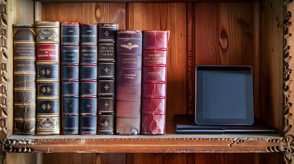 A classic bookshelf with leather-bound books compared to a minimalist digital e-book reader, capturing the transformation in reading habits.


