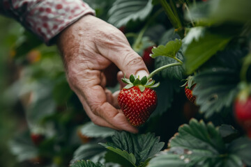 Elderly hand picking ripe strawberry from plant