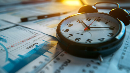 A close-up shot of a ticking clock surrounded by blurred business documents, emphasizing the pressure of limited time in a corporate setting


