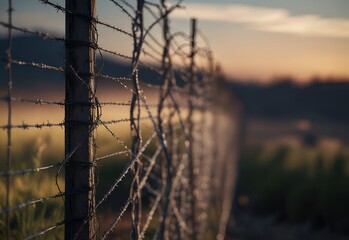 State border with high razor barbed wire fencing on sunset - obrazy, fototapety, plakaty
