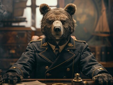 Bear in navy admiral uniform, imposing stance, vintage office, authoritative, rich textures, realistic , 8K , high-resolution, ultra HD,up32K HD