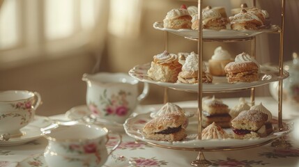 An elegant afternoon tea spread, featuring delicate finger sandwiches, flaky scones with clotted cream and jam, and an assortment of petit fours and pastries
