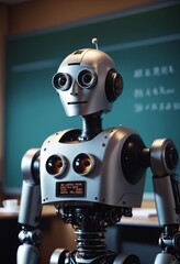 A machine is on a desk in a classroom, as a robot sits next to it