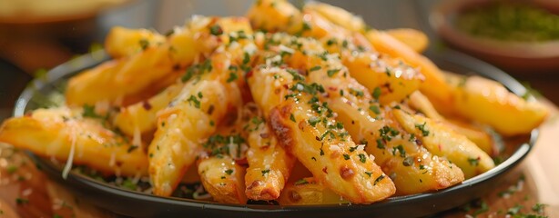 a plate of french fries with cheese and herbs