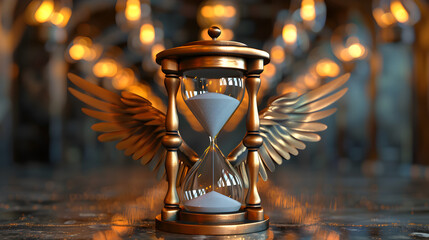 Illustration of a stylized hourglass with wings, representing the swift passage of time and the...