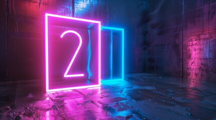 This is a 3D render of pink blue neon number two inside a square box glowing under ultraviolet light - obrazy, fototapety, plakaty