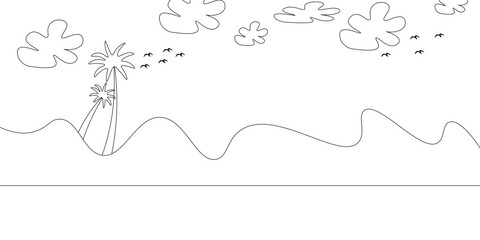 One continuous line drawing of beach with palm tree. Abstract tropical landscape with sea and clouds in simple linear style. Travel vacation in editable stroke.