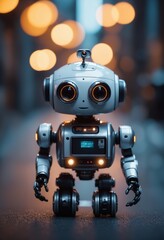 A toy robot with headphones is standing on a dark street