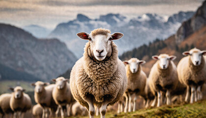 Obraz premium A single sheep looking directly at the camera, surrounded by others grazing, with a background of mountains.