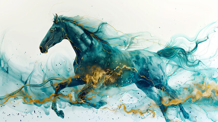 Swift Horse in Aqua Alcohol Ink Streams, Golden Flourishes in Abstract Art