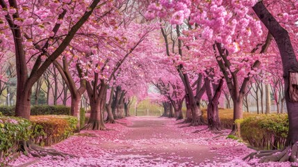  A road of trees painted in pink, lined with flowers A birdhouse in the center