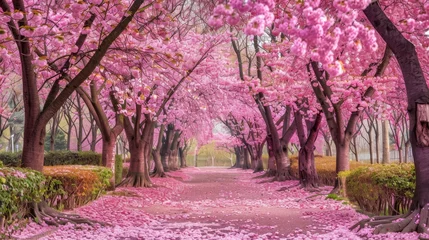 Foto op Canvas  A road of trees painted in pink, lined with flowers A birdhouse in the center © Alice