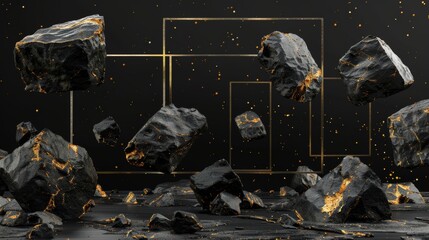 3D render with abstract black background and levitating rocks with gold veins - obrazy, fototapety, plakaty
