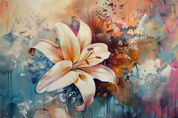 A painting of a white flower with a splash of color