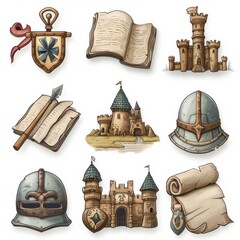 Stylized Historical Icons for History App - Parchment, Quill, Helmet, Castle.