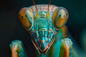 A close up of a bug's head with a green and gold color